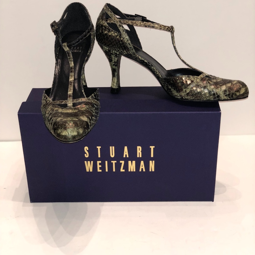 Stuart Weitzman Green Strappy Python Kitten Heels - image 1